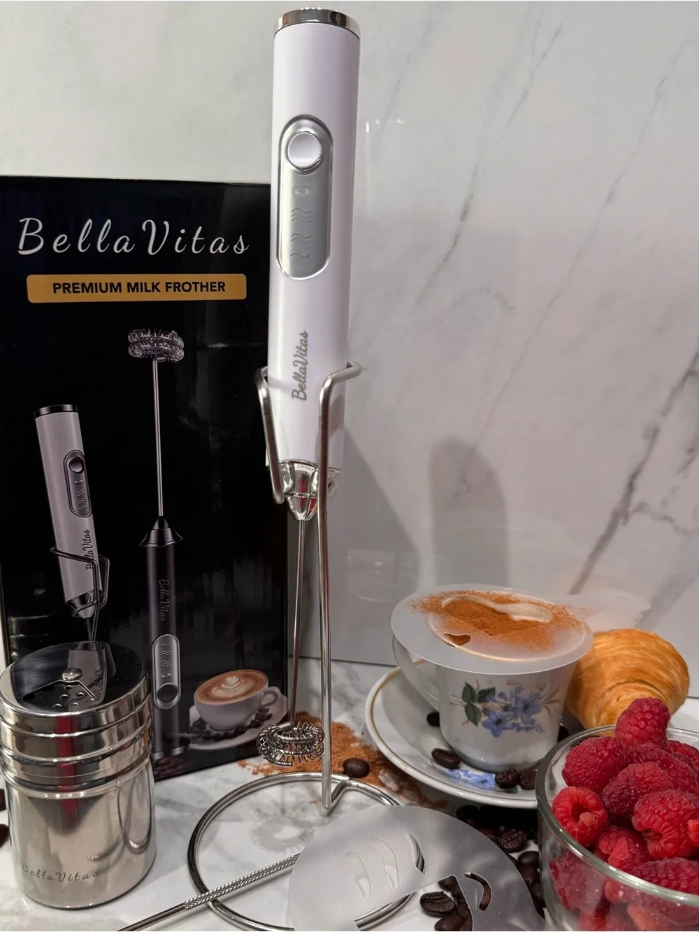 Bella Vita White Milk Frother - Rechargeable Handheld Foam Maker